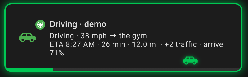 Animated: the driving card's progress bar fills and the car icon moves along it as the miles to arrival count down