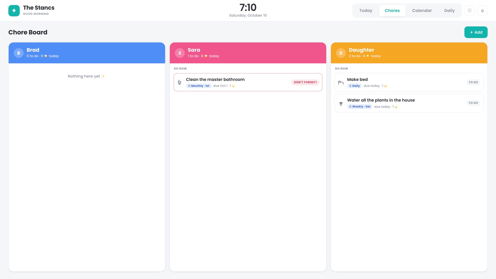 The chore board: one column per person, each chore with its cadence and stars