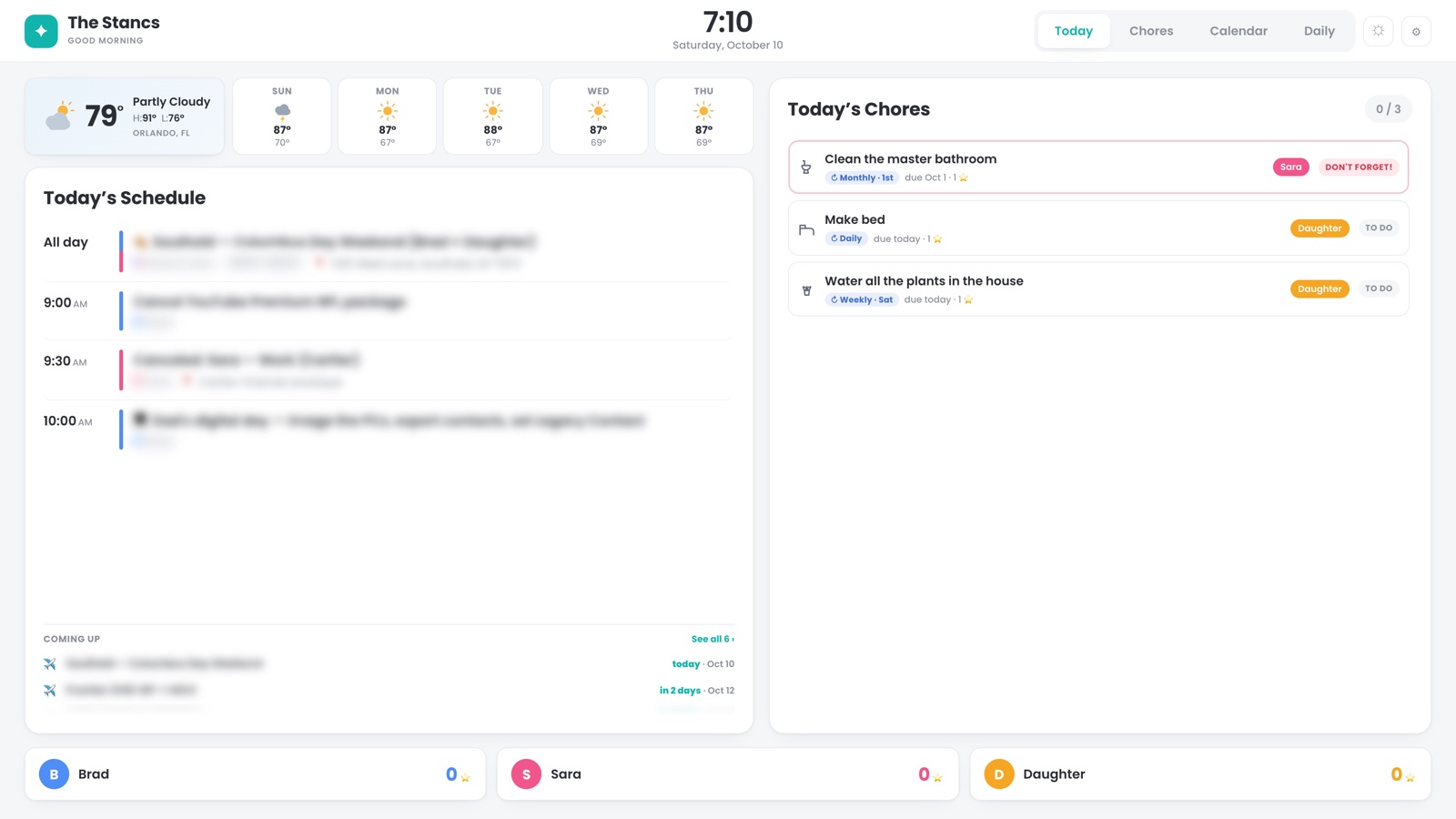 The counter's Today screen: weather, the day's schedule, and today's chores