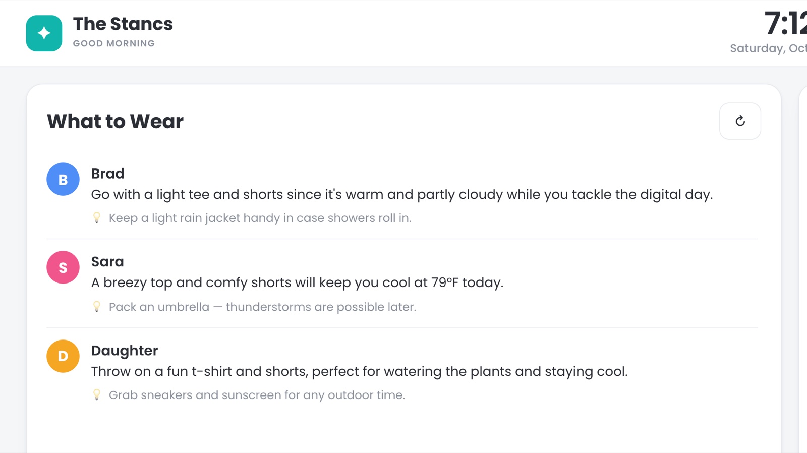 What to Wear: a forecast- and schedule-aware suggestion for each of us