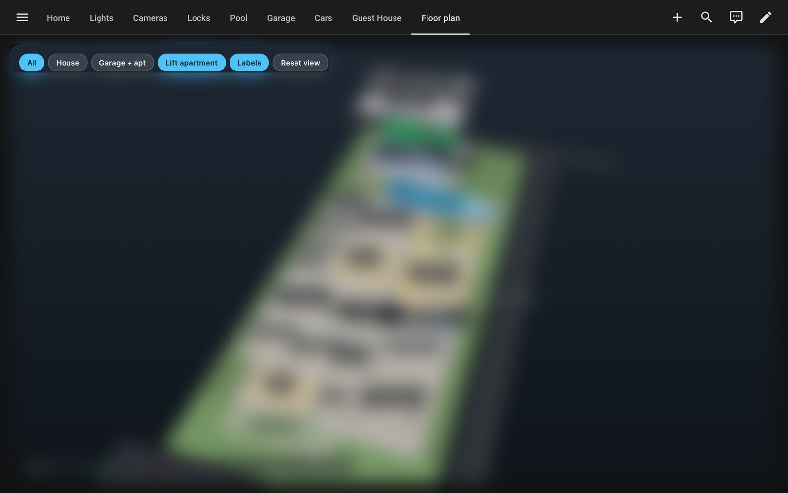 The floor-plan tab: a 3D model of the property, deliberately blurred here because it's my actual house