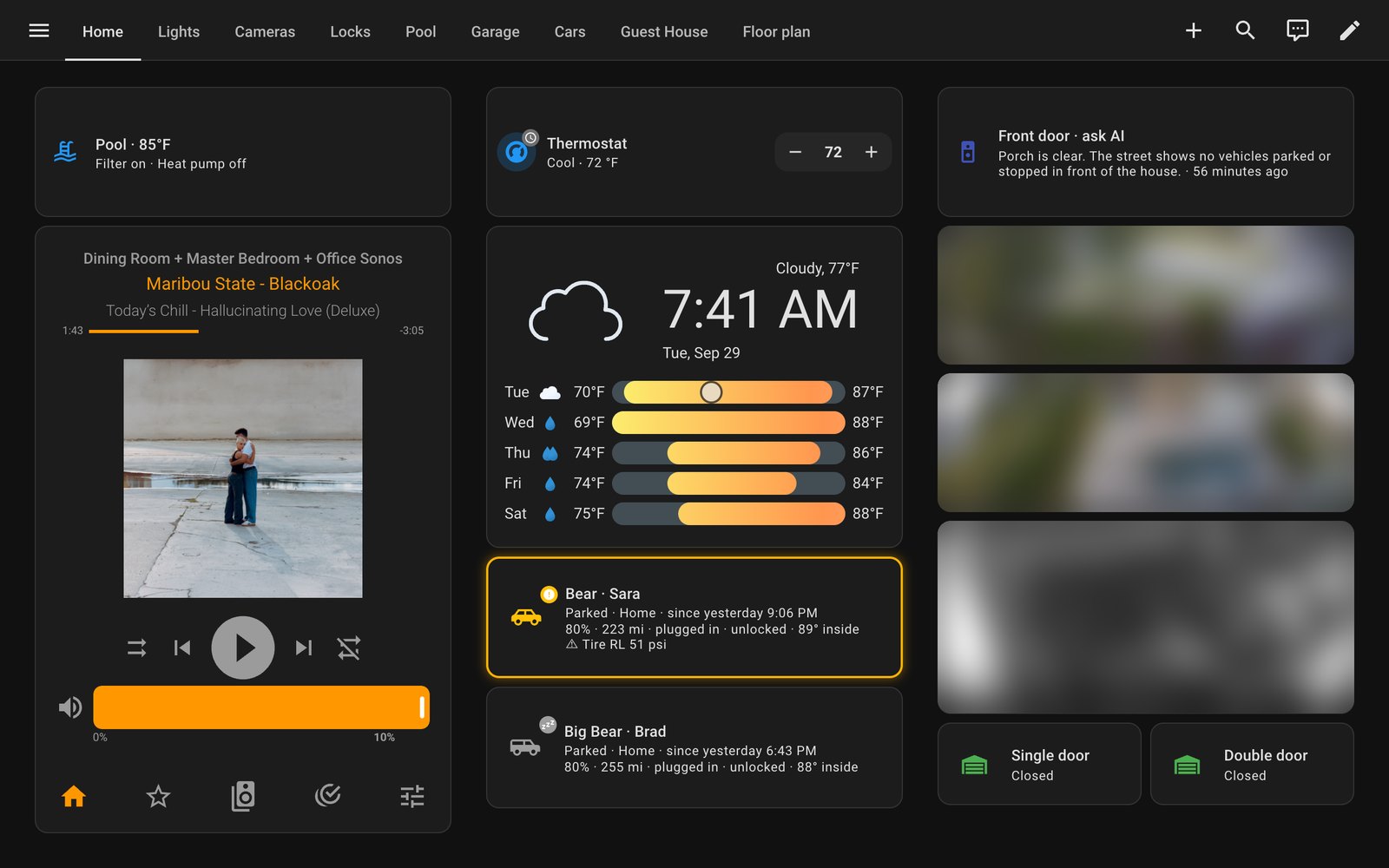 The home dashboard: an even header row of pool, thermostat and front-door AI, then music, weather and the two cars, and the cameras on the right (blurred)