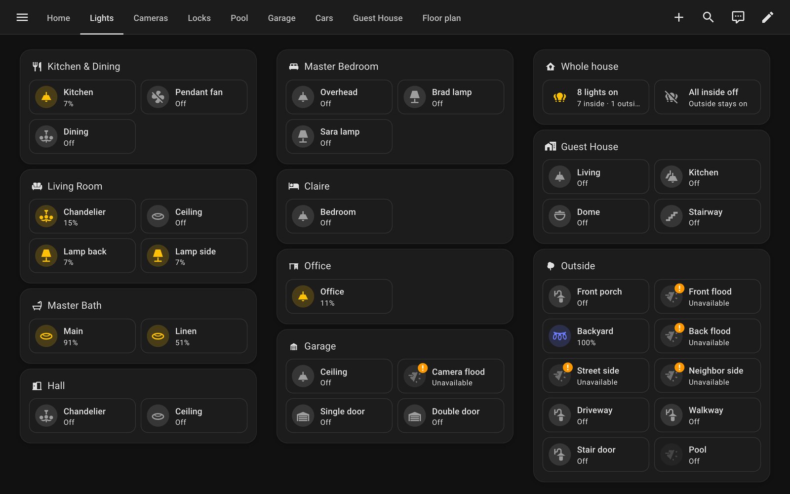 The new lights page: three columns of rounded room panels — kitchen, living room, bedrooms, garage, guest house, outside — every name readable, with a whole-house summary at the top right